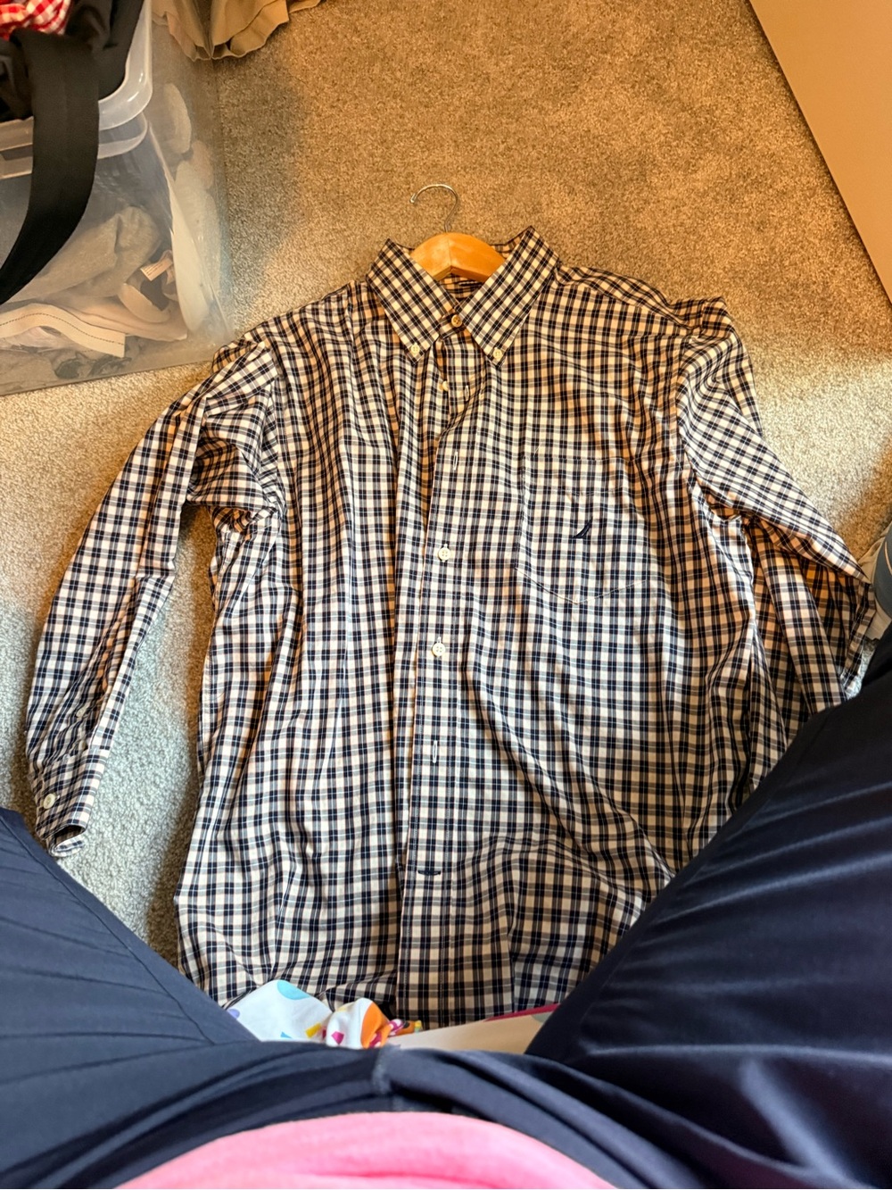Nautica Navy and White Check Long-Sleeve Button-Down Shirt